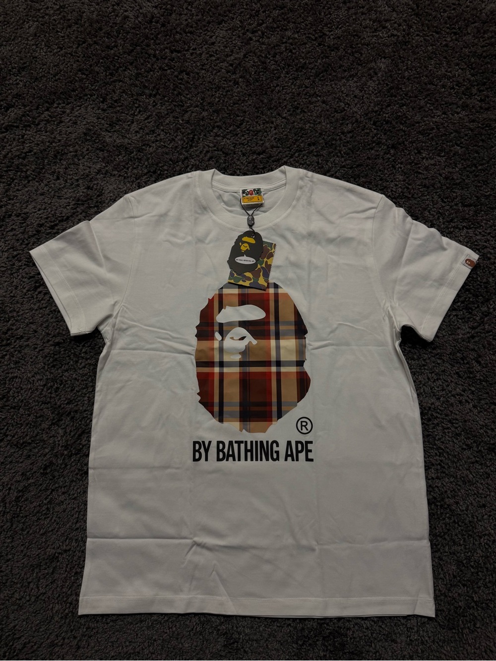Bape White Short-Sleeve Tee with Red & Brown Plaid Ape Logo
